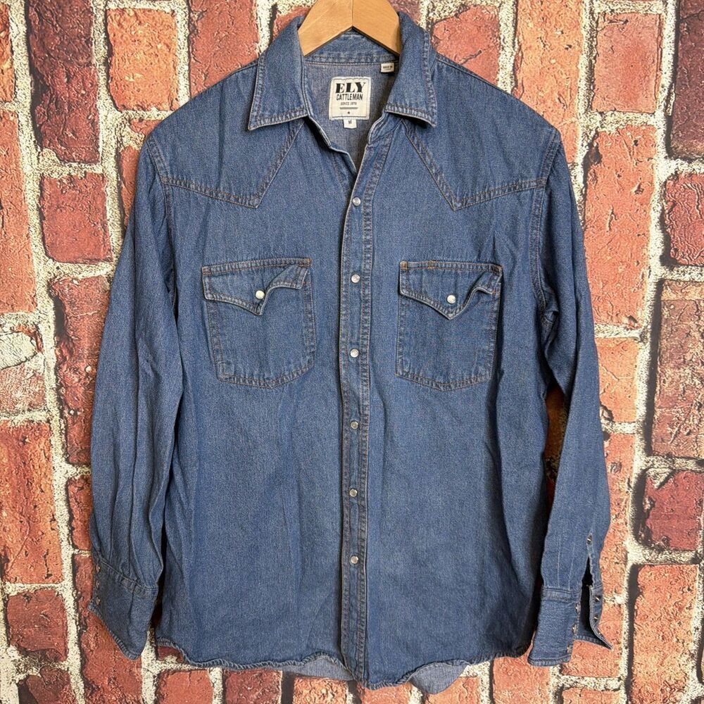 Ely Cattleman Shirt Men M Denim Pearl Snap Flap Pocket Workwear Western Blue